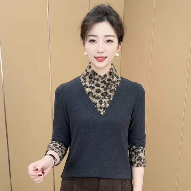 冬款新款时尚豹纹拼接设计双面绒假两件休闲百搭洋气t恤上衣K1212