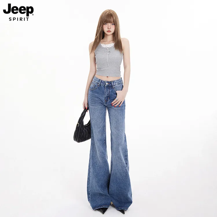 Jeep吉普美式喇叭牛仔裤女夏2025新款低腰拖地复古蓝不贴腿微喇裤