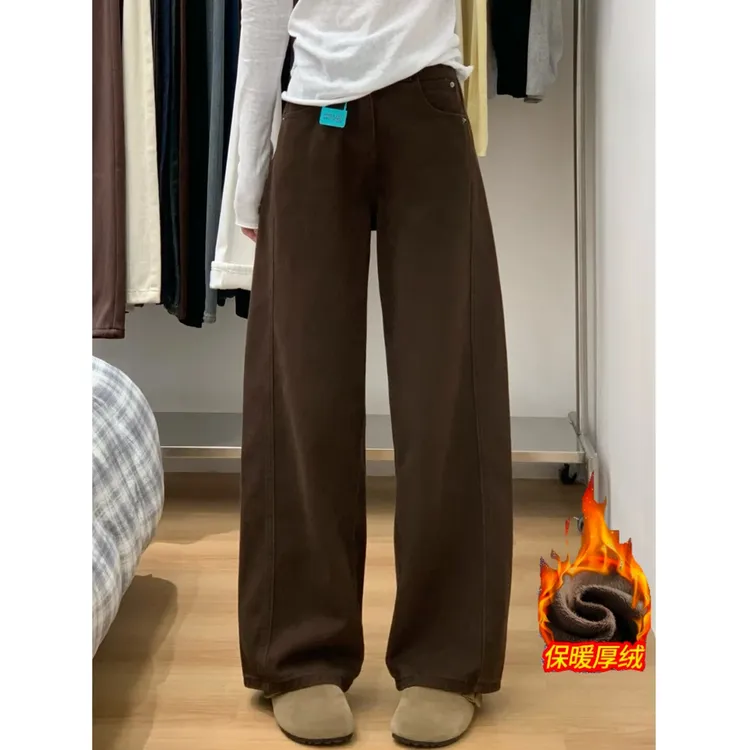 咖色美拉德加绒阔腿牛仔裤女2025冬季新款高腰宽松垂感显瘦弯刀裤
