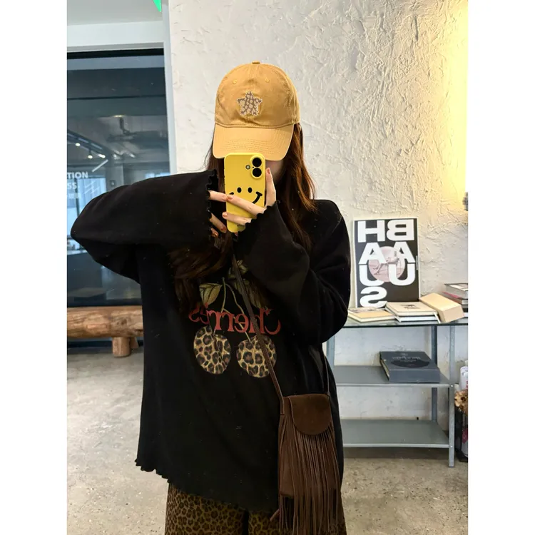 晶咕【豹纹Cherries】慵懒随性花边磨毛绒豹纹樱桃长袖上衣