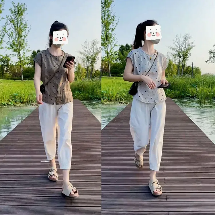 夏季小个子百搭慵懒风休闲套装设计感短袖波点上衣九分裤两件套