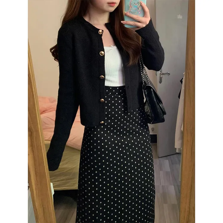 时尚穿搭黑色针织开衫上衣波点半身裙女2025秋冬新款小香风两件套