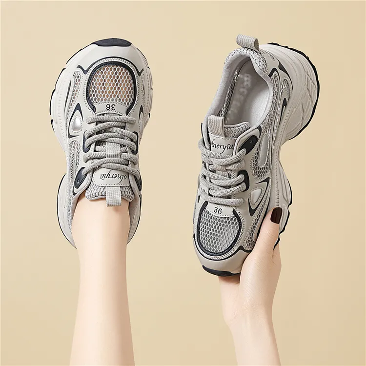 爆款真皮凉鞋女款2025新款夏季外穿老爹鞋厚底网面透气休闲运动鞋