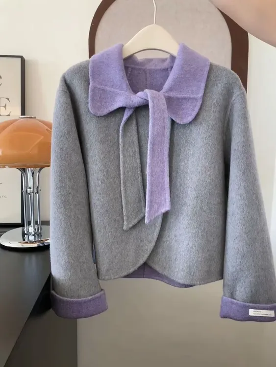 韩版复古撞色娃娃领短款外套女秋冬季新款设计感小众系带毛呢上衣