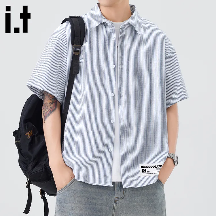 i.t:CHOCOOLATE男士休闲条纹短袖衬衫2025夏季薄款宽松翻领衬衣服