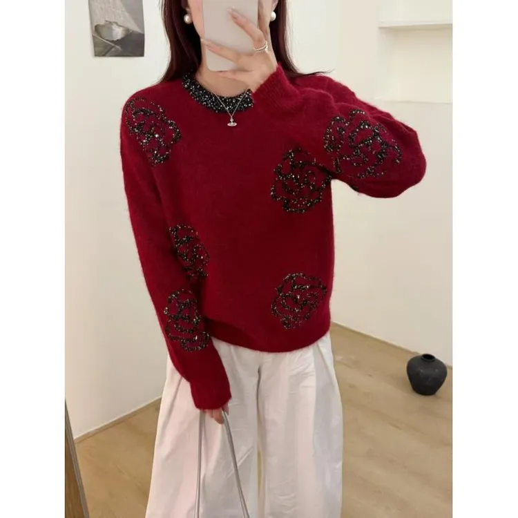 ‘亮片山茶花’套头丨2025高定百搭针织衫上衣女8221