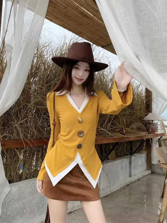 2025秋季新款韩系撞色拼接衬衣领假两件金属扣上衣半身裙两件套