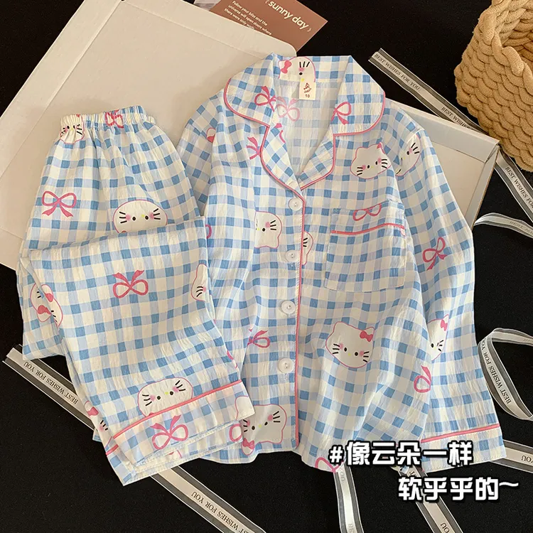 【KT猫蝴蝶结】春秋新款儿童睡衣女中大童长袖薄款可外穿家居服套装