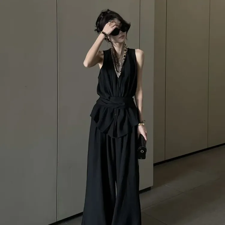 夏季洋气老钱风交叉绑带无袖遮肉背心高腰阔腿收腰长裤套装两件套