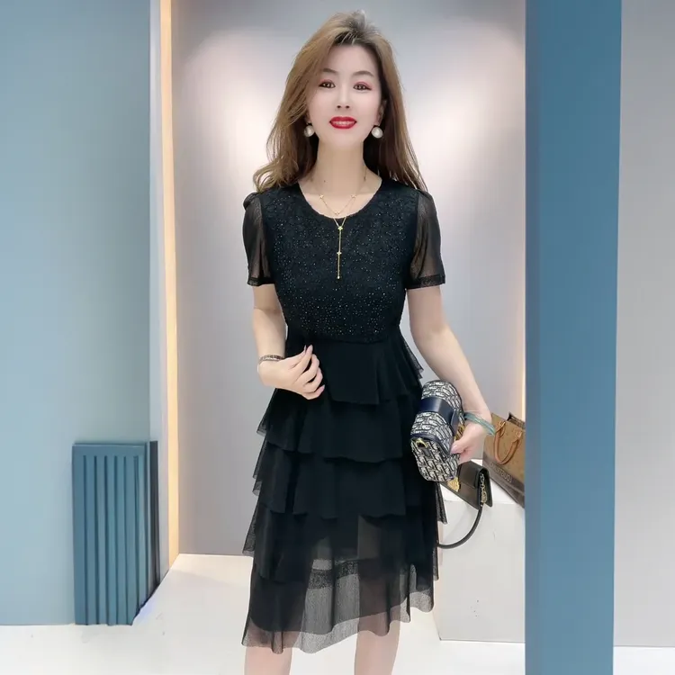 2025夏季气质连衣裙宽松收腰遮肚拼接中长款时尚百搭显瘦减龄漂亮