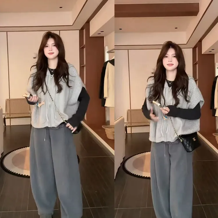 早春季搭配一整套慵懒风套装百搭显瘦打底衫针织马甲休闲裤三件套