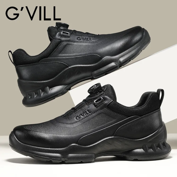 贵之步男士休闲皮鞋旋转扣一脚蹬通勤开车舒适真皮鞋黑色商务男鞋商品图