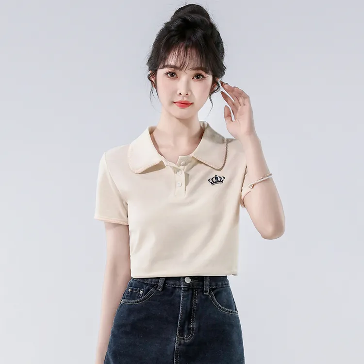 时尚气质polo衫娃娃领短袖T恤女装夏季小个子显瘦独特别致上衣服