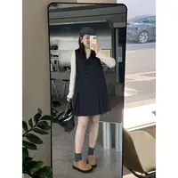 晶咕佳佳【】毛呢捏褶带扣V领马甲连衣裙