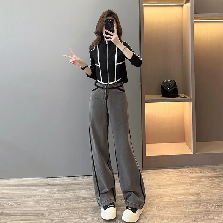 时尚设计感洋气女装黑色拉链外套上衣灰色高腰牛仔长裤两件套潮