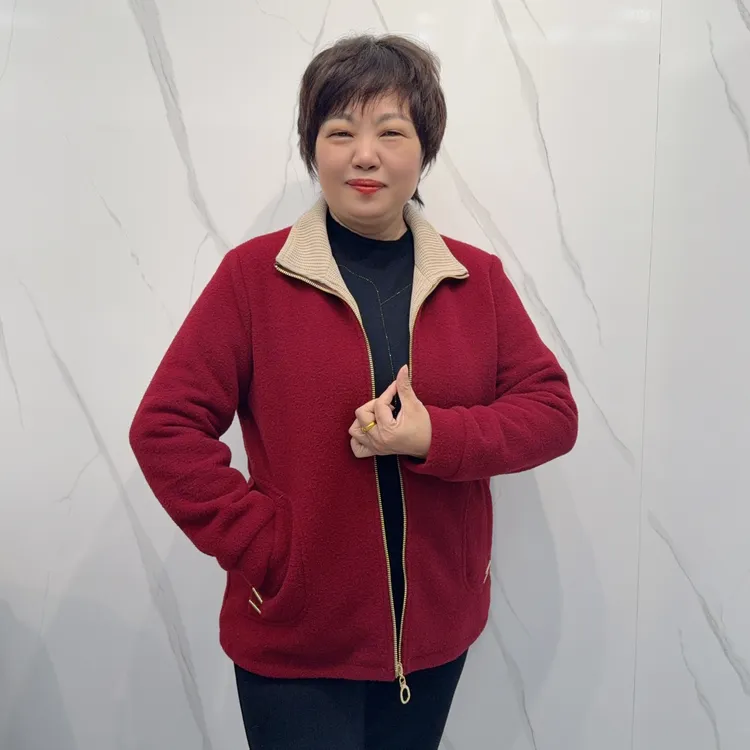 39943冬季新款时尚休闲百搭撞色磨毛拉链妈妈外套