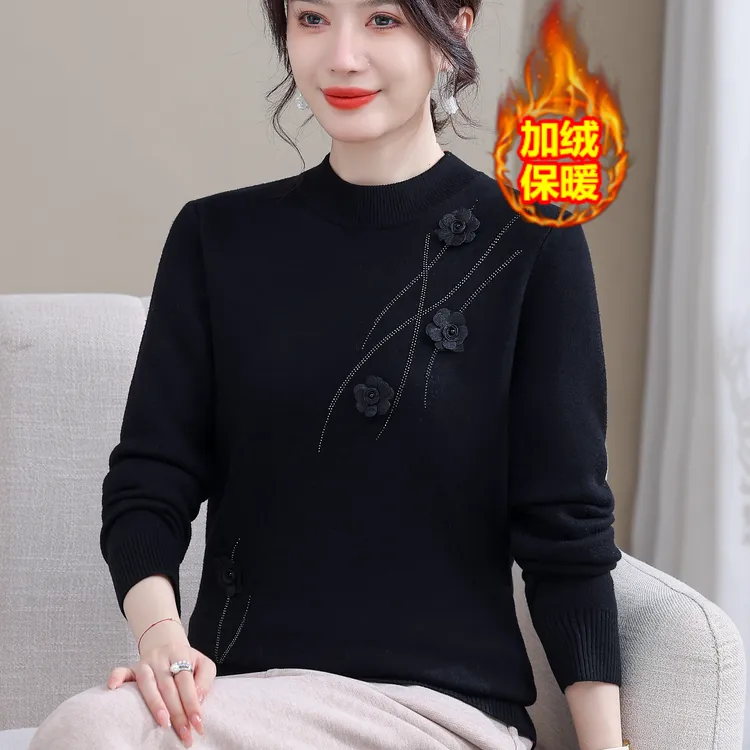 妈妈冬装洋气加绒针织衫上衣2025新款中老年女秋冬一体绒加厚毛衣
