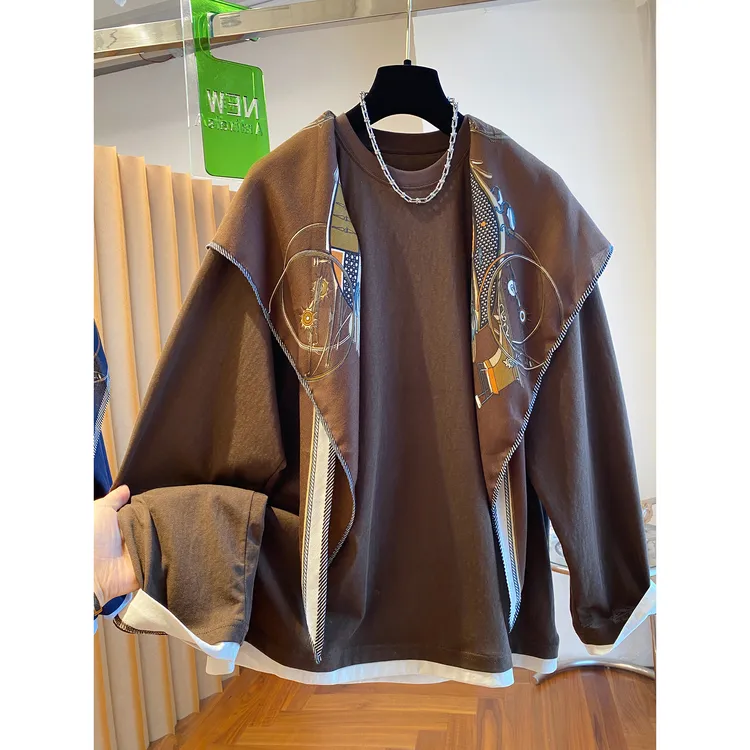 胖妹妹240斤大码复古丝巾披肩t恤女长袖宽松独特别致假两件上衣秋