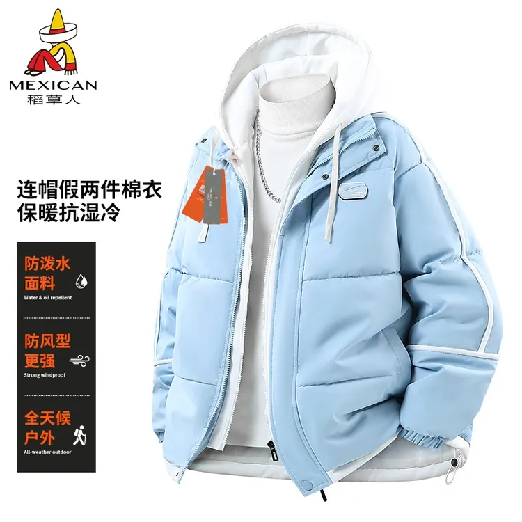 Mexican/稻草人冬季休闲保暖棉服外套男防寒百搭假两件情侣款棉衣