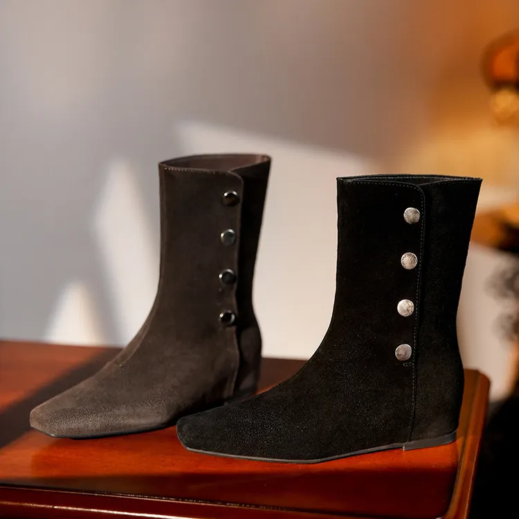 〖万达撤柜〗可翻领两穿靴女方头平底瘦瘦靴西部靴绒面小个子靴子