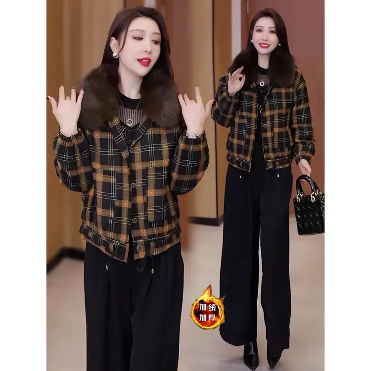 时尚带毛领加绒加厚格子短外套女2025冬季新款洋气保暖夹克上衣潮