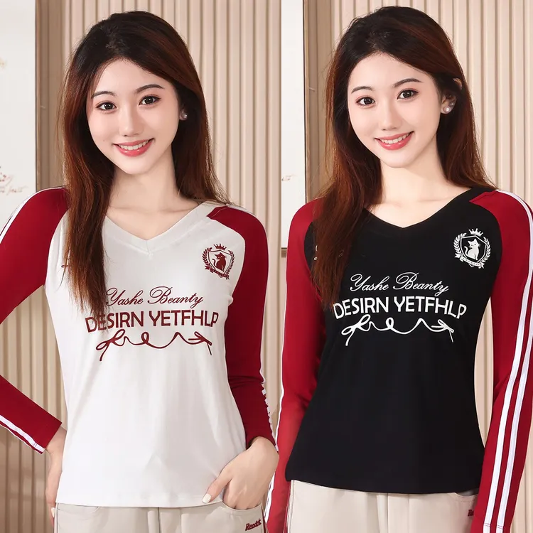 2025秋上新女士字母印花拼色V领潮品减龄休闲百搭长袖