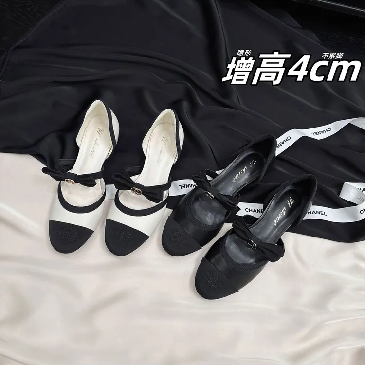 增高4CM蝴蝶结拼色中空单鞋女2025夏季新款小香风圆尖魔术贴凉鞋