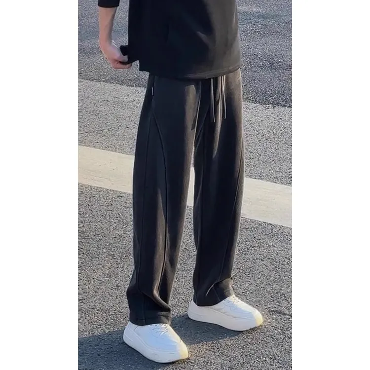 黑灰色镰刀卫裤男款重磅宽松休闲阔腿弯刀裤美式复古直筒香蕉裤子