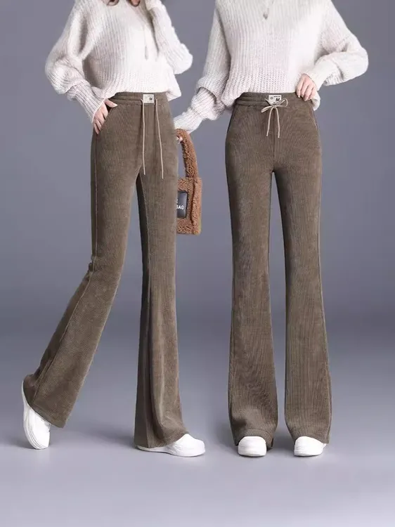 灯芯绒秋冬新款加绒加厚微喇叭裤女大码宽松显瘦高腰休闲裤长裤子