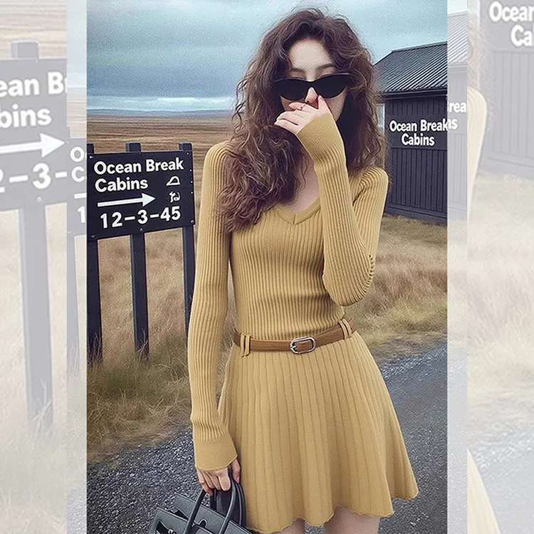 秋冬配大衣内搭针织打底小裙子气质高贵上档次咖色v领连衣裙女款