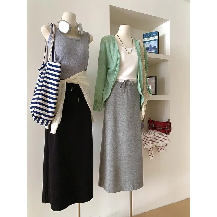 韩版纯色小个子开叉半身裙女秋季高腰休闲运动卫裙中长款a字裙子