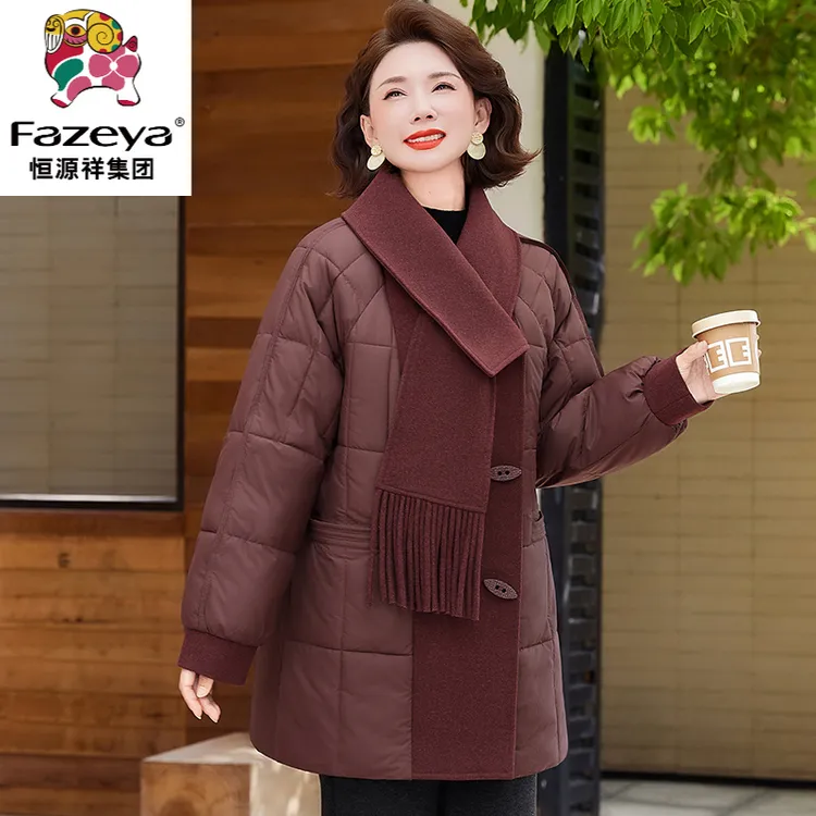 恒源祥彩羊中年妈妈冬装外套中长款棉衣2025新款围巾领棉服中老年