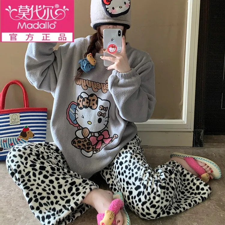 莫代尔抗静电珊瑚绒睡衣加厚珊瑚绒睡衣女秋冬季新款米粒毛绒豹纹