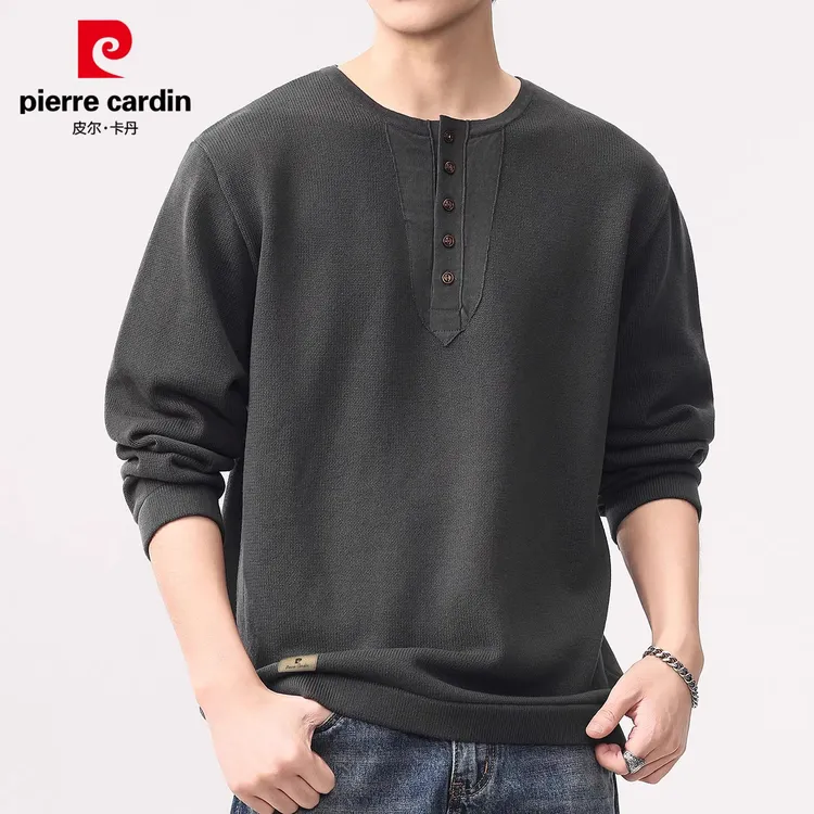 皮尔卡丹圆领毛衣男士2025秋季新款纯棉打底线衣潮休闲针织衫男装