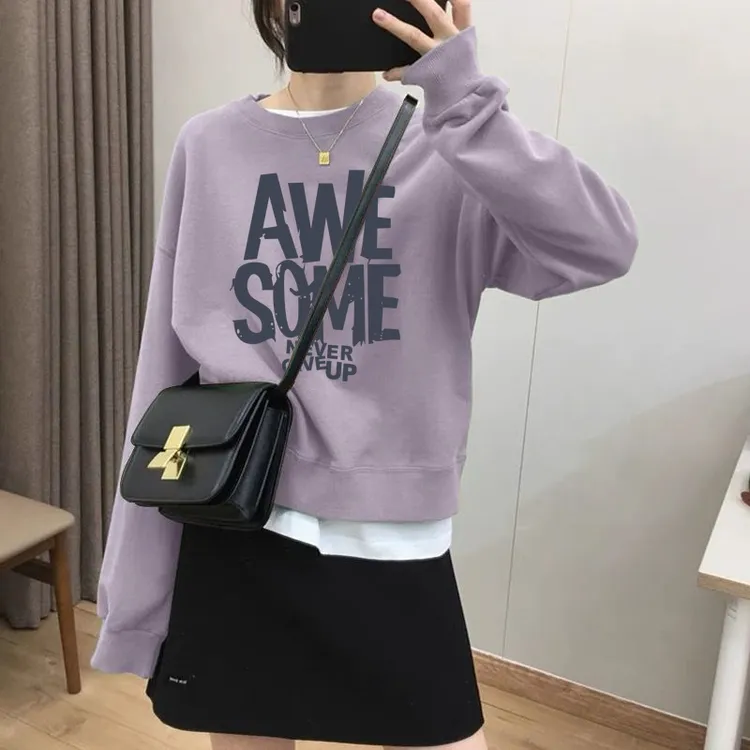 假两件圆领套头短款卫衣女加绒加厚秋冬上衣宽松小个子春秋薄款