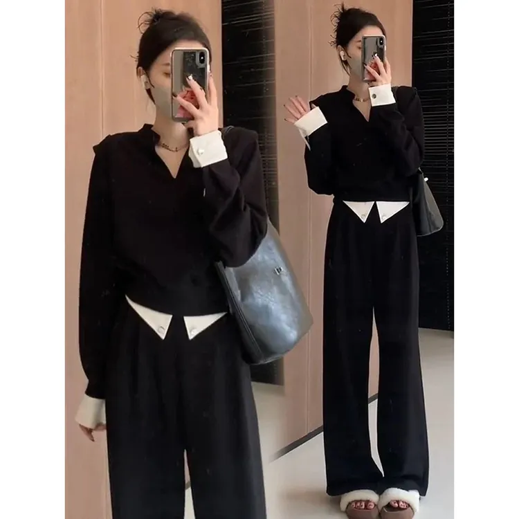 胖mm大码300斤宽松显瘦黑色卫衣套装女春秋高腰阔腿休闲裤两件套2