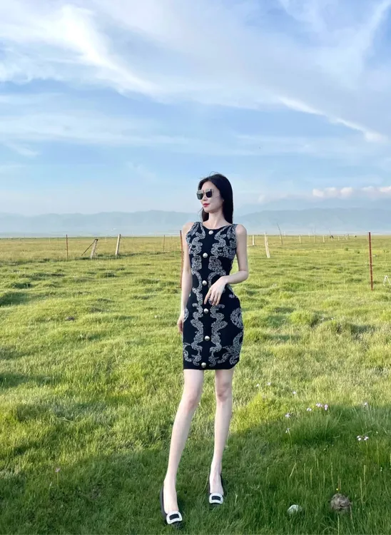夏季设计感单排扣装饰银丝提花无袖圆领气质包臀连衣裙显瘦时尚