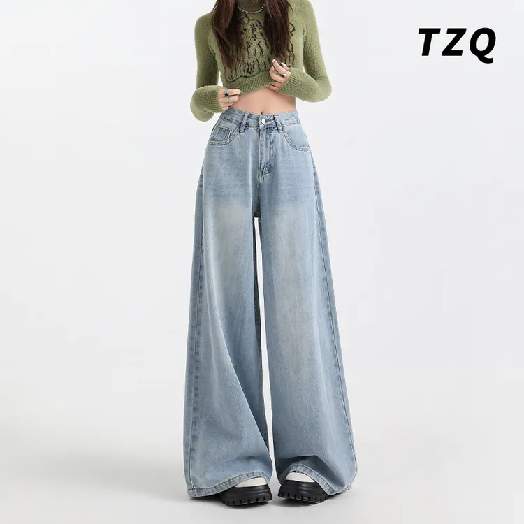 美式阔腿牛仔裤女秋冬2024新款高腰垂感显瘦拖地长裤子TZQ121409