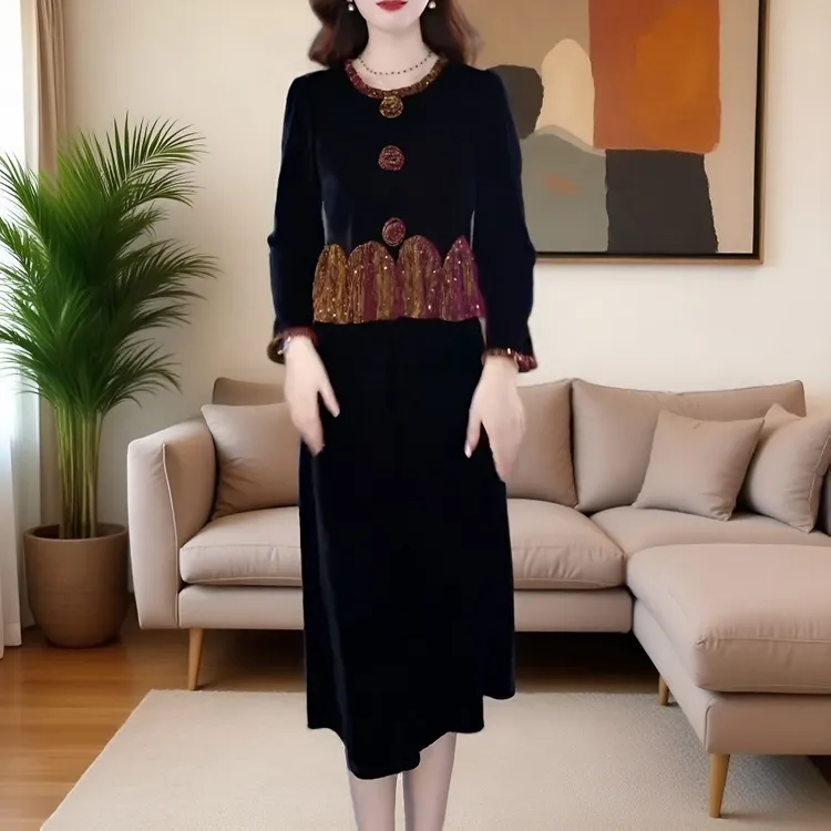 春秋新款假两件丝绒连衣裙女高档洋气减龄显瘦遮肉中长款过膝裙子