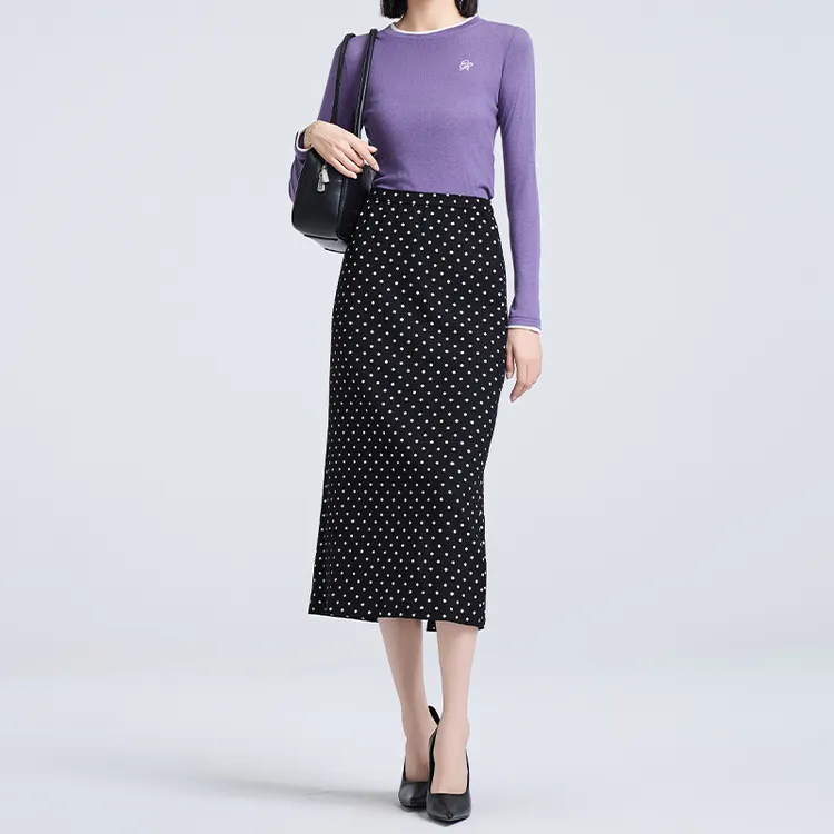 恩家秋新品上新波点半身裙后开叉设计ESQQ7A662