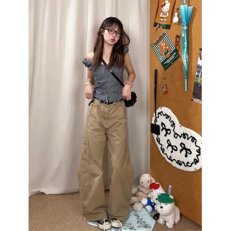 美式复古卡其色高腰工装裤女夏季百搭弯刀阔腿休闲裤宽松拖地长裤