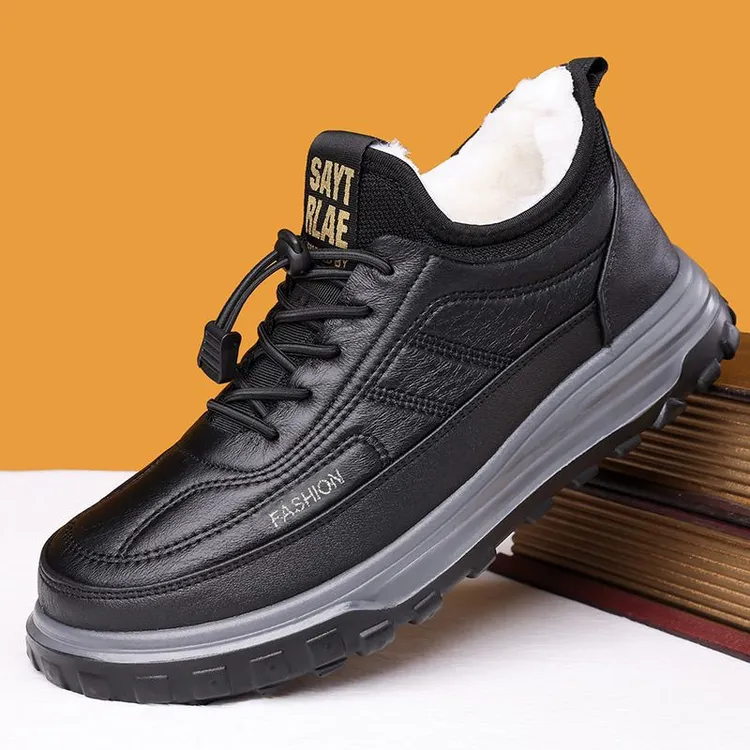 冬季新款绵羊毛保暖雪地靴男棉鞋加绒加厚一脚蹬防滑皮面爸爸棉靴