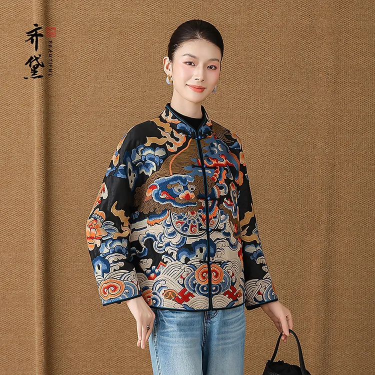 齐黛正宗香云纱真丝上衣女2025秋季新款长袖满绣复古新中式短外套