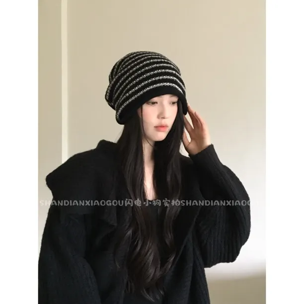条纹棉羊毛堆堆帽*针织帽女秋冬季毛线帽韩版百搭保暖帽子潮冬季