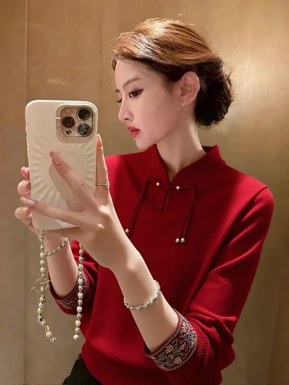 冬季独特漂亮巨好看毛衣轻奢高级感洋气减龄新中式国风红色针织衫