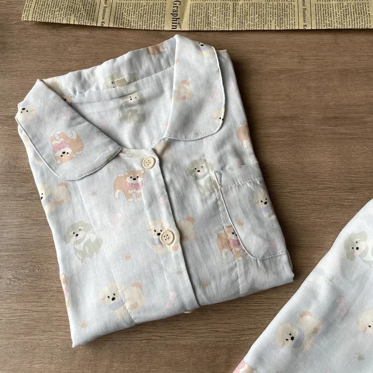100%纯棉双层棉纱小狗睡衣女长袖长裤春秋全棉薄款家居服套装