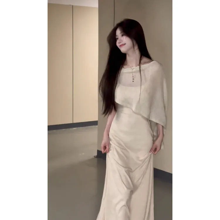 喵喵 清冷千金气质温柔风针织套头披肩吊带连衣裙长款套装女 A22