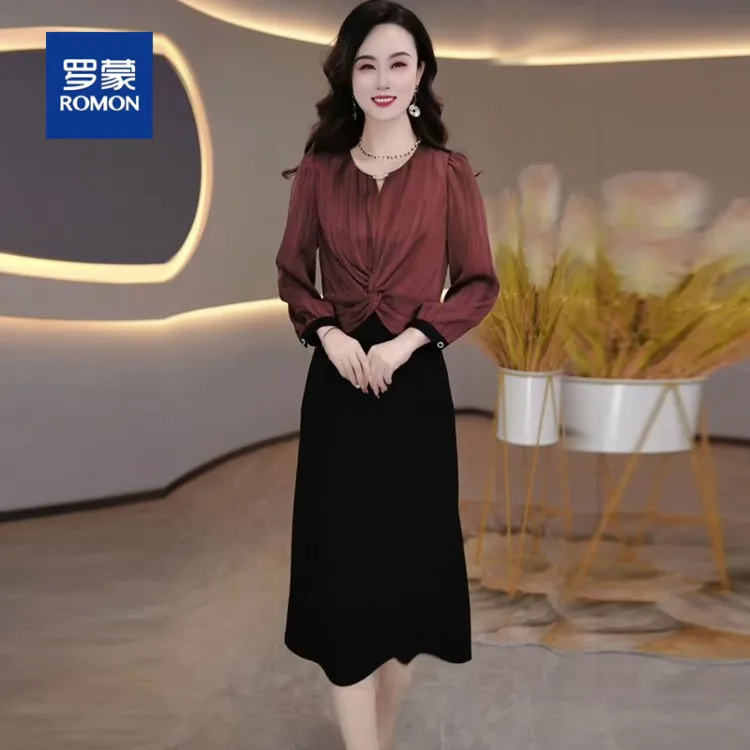 罗蒙2025秋季新款休闲风时尚气质减龄显瘦洋气假两件连衣裙女