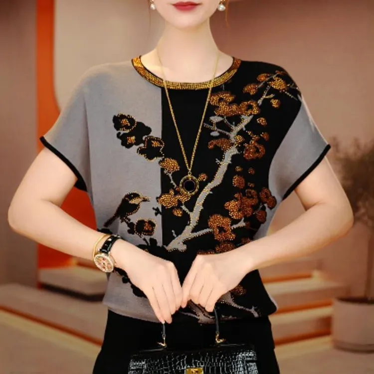 2025新款夏季宽松短袖薄款提花毛针织衫时尚圆领薄款上衣遮肉毛衣