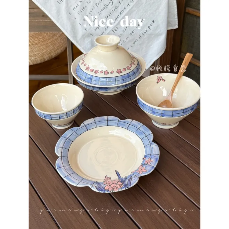 悦檬食器柴烧风铃花家用餐具套装釉下彩高颜值汤碗盘子饭碗面碗